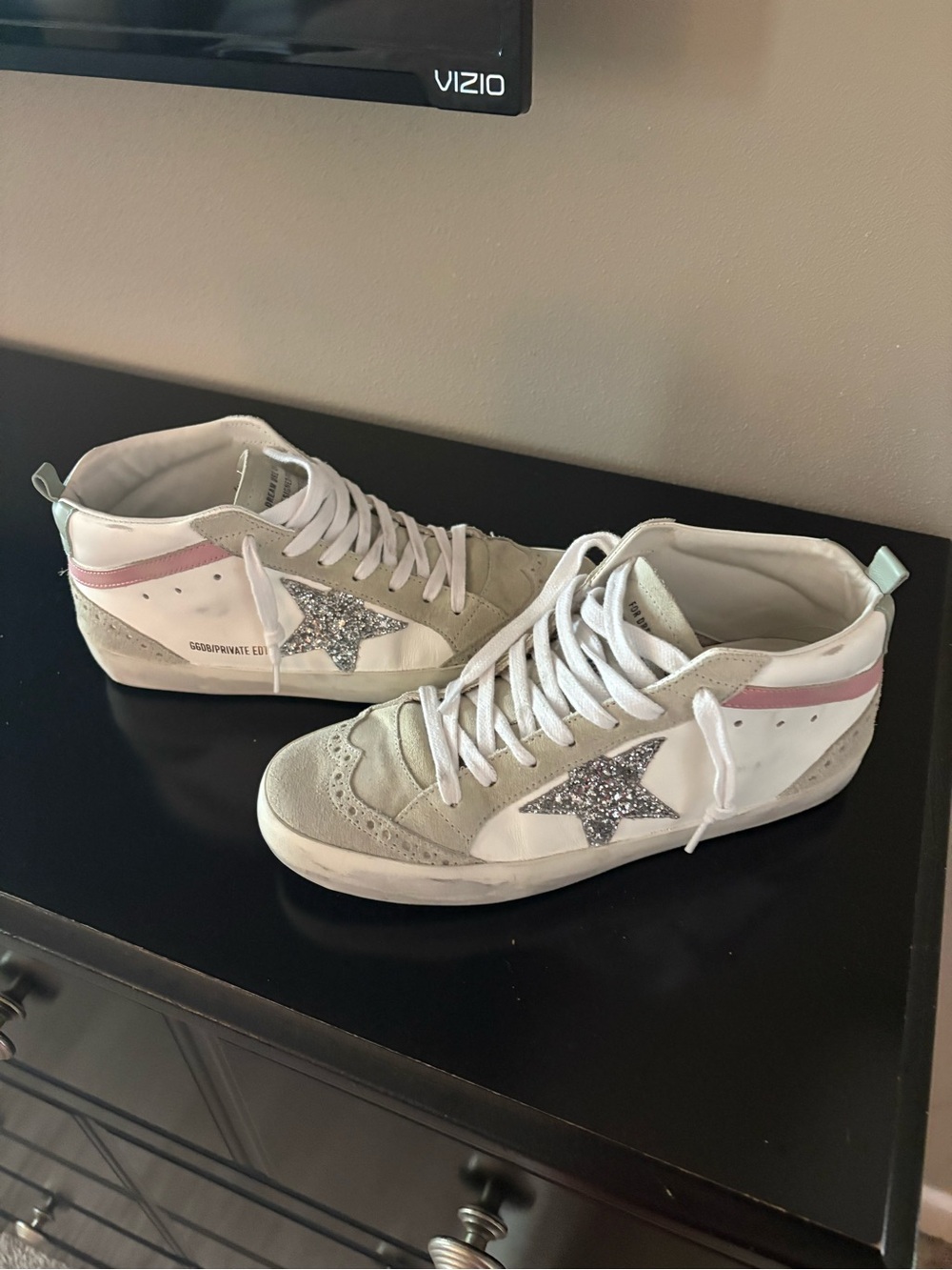 Golden Goose Mid-Top Sneakers with Glitter Star in White, Pink, and Silver